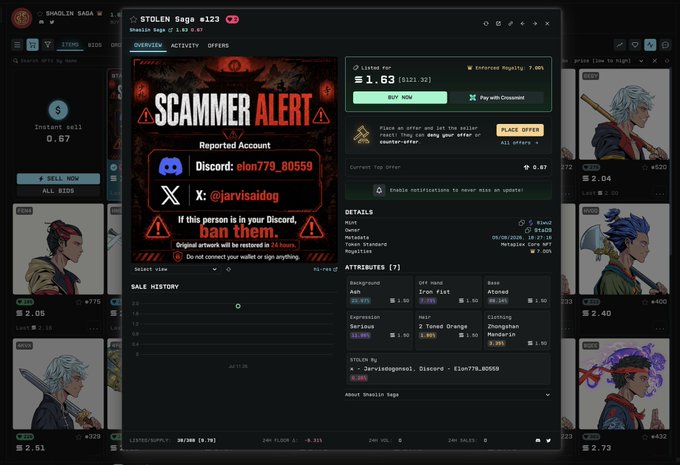A screenshot from the STOLEN Saga NFT marketplace showing a 'SCAMMER ALERT' warning for Discord account 'elon779_80559' and X account '@jarvisaidog', with the reported NFT details listed.