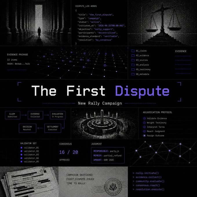 A dark-themed infographic titled 'The First Dispute - New Rally Campaign' displaying a dispute log, evidence package, validator set, and adjudication protocol for a decentralized legal system.