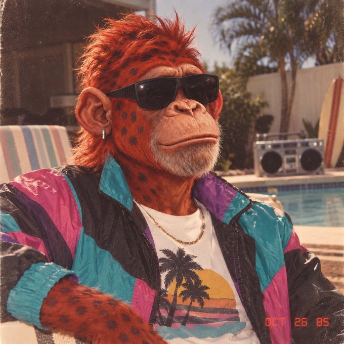 A stylized, retro 80s-themed portrait of an orangutan wearing black sunglasses, a colorful 80s windbreaker, and a t-shirt with a sunset graphic, posed by a pool with a boombox, dated 'OCT 26 '85'.