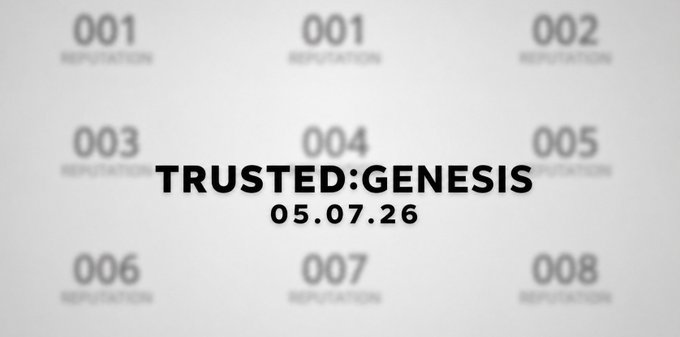 A grayscale promotional graphic for "TRUSTED:GENESIS" dated 05.07.26, featuring a blurred background of numbered reputation tiers (001-008) arranged in a grid, tying into the post's giveaway for guaranteed mint spots of ByRepProtocol's 269-supply Ethereum NFT drop.