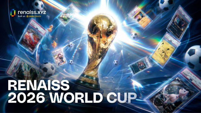Sporting a golden World Cup trophy and floating soccer balls, this image advertises the renaiss.xyz "2026 WORLD CUP" campaign where users can earn tickets via Gacha Buyback to vote and compete for USDT rewards.