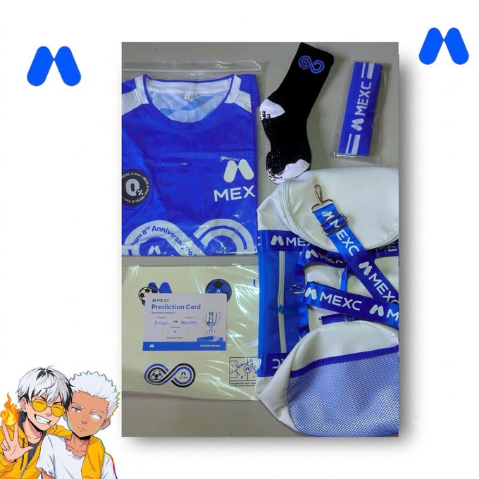 A user shows off their newly arrived MEXC merchandise featuring a blue jersey with "MEX" printed on it, black socks, a 6th anniversary prediction card, and a white and blue gym bag with "MEXC" branded straps, expressing excitement to use the bag for the gym. The image directly corresponds to the post showcasing the merchandise haul and highlights the new gym bag mentioned in the caption.