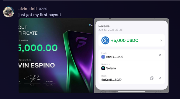 A poster featuring a cell phone with its logo displayed at the top, along with text in blue that reads "Just got my first payout". The main content of this image revolves around a giveaway where someone has won a cell phone, and another person wants to learn more about it. Both these elements are set against a dark purple background, creating an interesting contrast for the viewer's eye.