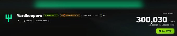 A market listing for 'Yardkeepers' showing a verified status, 16 locked tokens, and a price of 300,030 YARD.