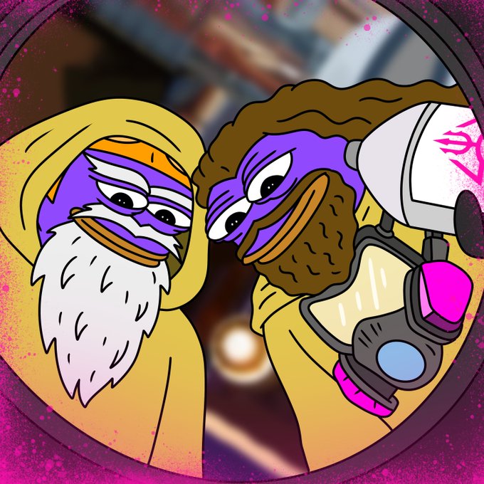 A meme featuring a Pepe the Frog-style character with a white beard in yellow robes next to another purple character in yellow holding a pink and white spray paint can, framed within a circular border. The image ties to "gmonad" by humorously depicting an artistic or graffiti-themed crypto mascot, blending the meme culture aesthetic with the project branding.