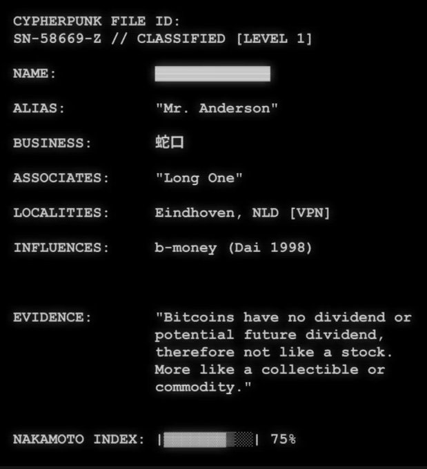 A stylized 'cypherpunk file' graphic in green text on black with fields like NAME (redacted), ALIAS: 'Mr. Anderson', BUSINESS (symbols), ASSOCIATES: 'Long One', LOCALITIES: Eindhoven, NLD [VPN], INFLUENCES: b-money (Dai 1998), and EVIDENCE containing a quote about Bitcoin not having dividends, plus a NAKAMOTO INDEX showing 75%.