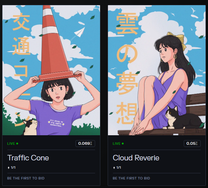 Two NFT-style digital art pieces titled 'Traffic Cone' (0.069Ξ) and 'Cloud Reverie' (0.05Ξ) displayed on a bidding platform, featuring anime-style girls with cats and Japanese text '交通ロ' and '雲の夢想'.