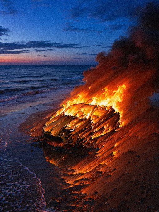 A nighttime photograph of a wooden boat engulfed in bright orange flames on a beach, with smoke rising into the dark sky and the ocean visible in the background.