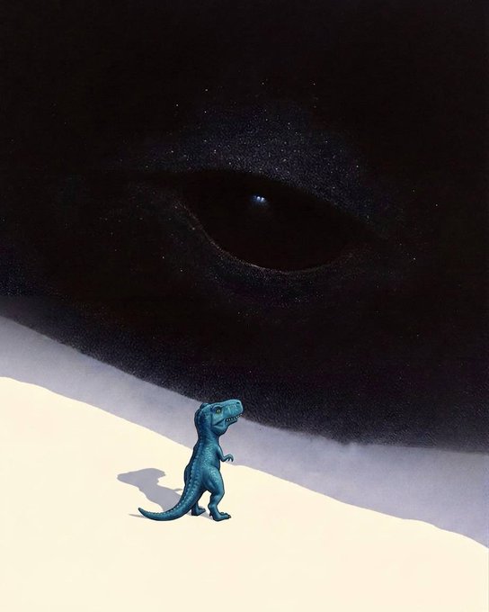 A small blue T-Rex figurine stands on a sandy surface, dwarfed by a massive dark cosmic eye with a star-filled sky filling its iris above.