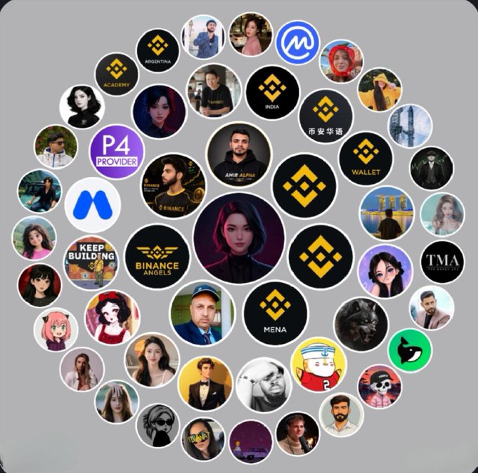 A collage of circular profile pictures featuring Binance-related logos (Academy, Wallet, Binance Angels, MENA) and various crypto/web3 influencers.