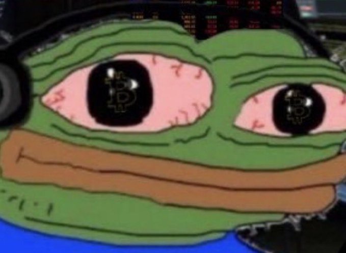 A crying Pepe the Frog meme with bloodshot, teary eyes, edited over a background of stock trading monitors, expressing financial sadness.