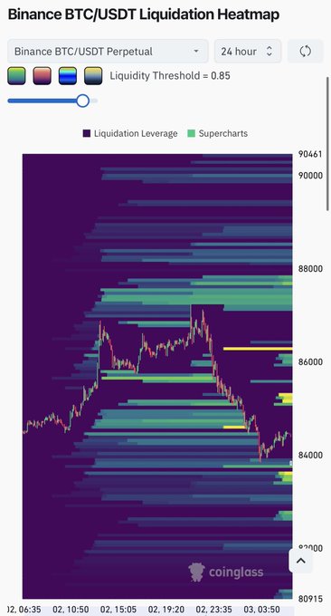 A Binance BTC/USDT Liquidation Heatmap from Coinglass showing price action between roughly 84,000 and 90,461 over a 24-hour period, with overlaid Liquidation Leverage and Supercharts heatmap bands.