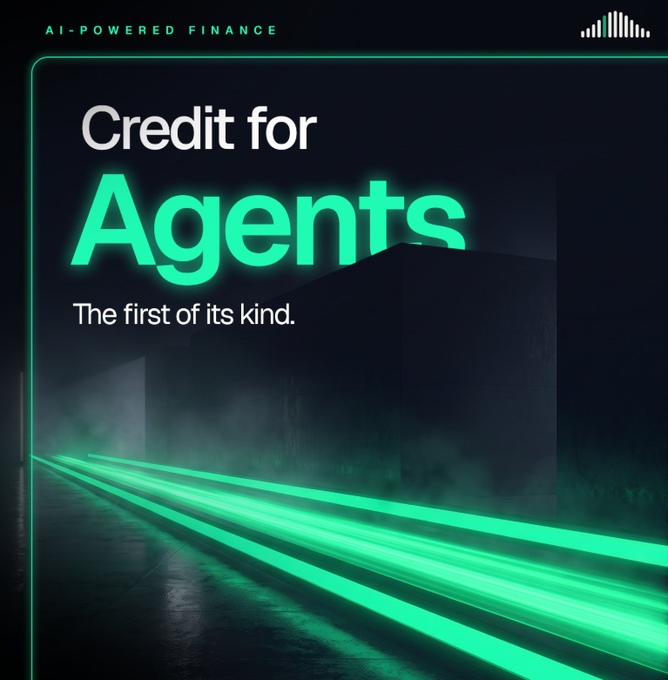 A promotional graphic reading 'AI-POWERED FINANCE' and 'Credit for Agents. The first of its kind.' featuring glowing green neon lines in a dark space.