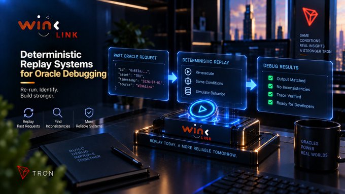 Promotional graphic for 'WinkLink' advertising 'Deterministic Replay Systems for Oracle Debugging' with the TRON logo and tagline 'Same Conditions. Real Insights. A Stronger Tron.'