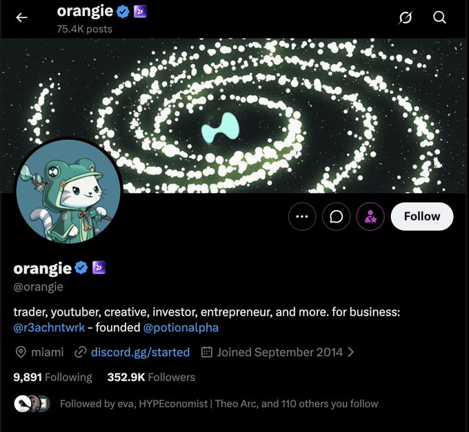 The image shows a social media profile of an OrangeGile employee, likely named @orangegile. The post displays a photo of the Twitter screen with various elements like a green and purple swirl on the right side and a white circle near the bottom left corner. The post also contains information about @orangegile that includes his name and the position he holds within the company. There are several mentions from other people, including one user named @HyPEShit who wrote an email to @orangegile expressing their excitement for OrangeGile's new project.