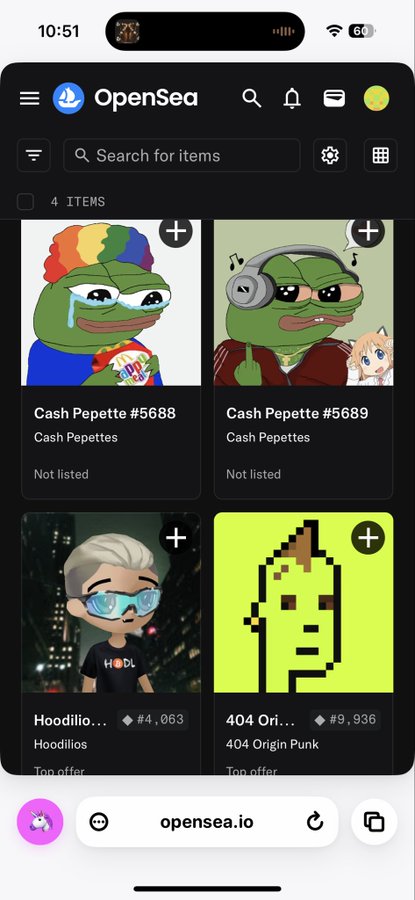 The image displays a collection of NFTs on OpenSea, including "Cash Pepette #5688", "Cash Pepette #5689", a "Hoodilios" NFT, and a "404 Origin Punk". This visual directly illustrates the topic of NFTs, aligning with the post's question about their resurgence.