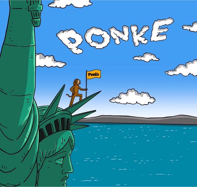 A cartoon illustration showing a monkey holding a 'PONKE' flag standing on top of the Statue of Liberty's crown, with 'PONKE' written in cloud-like letters in the blue sky above.
