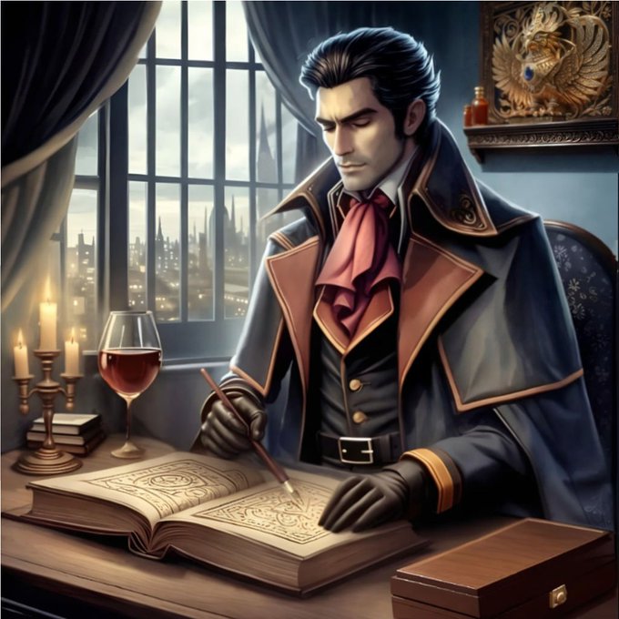 An illustrated portrait of a dark-haired man in a Victorian-style dark coat with red trim, sitting at a desk and drawing in a large ornate book with a city view visible through the window behind him.