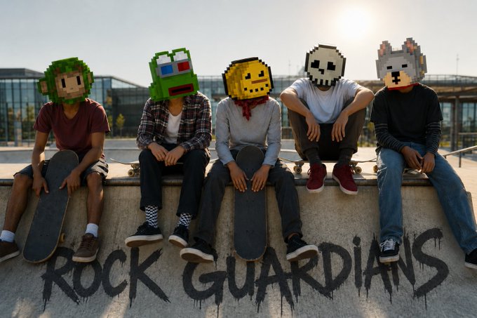 Five friends wear pixelated masks—green, zombie, leopard, and skull designs—while sitting on a skatepark ledge with skateboards, with "ROCK GUARDIANS" spray-painted on the wall below them, fitting the post's Rock Guardians NFT theme.