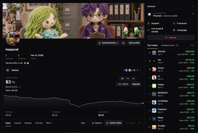 A screenshot of a cryptocurrency trading platform showing a user profile 'hoppycat' with avatars featuring green and purple-haired characters, displaying portfolio value and a top trades list including tickers like SOLNUI, Pommi, and BEDROCK.