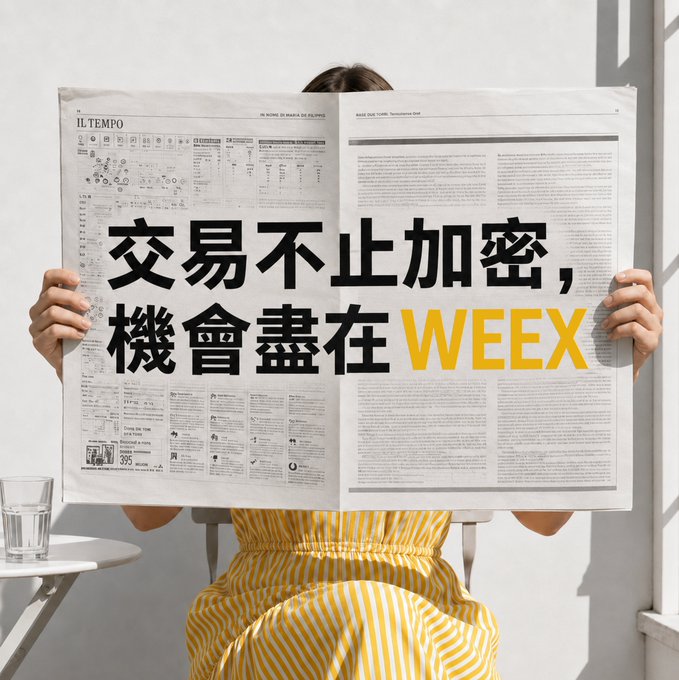 A woman in a yellow and white striped dress holds up a newspaper obscuring her face, with bold overlaid text reading '交易不止加密, 機會盡在 WEEX' in Chinese characters.