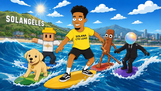 Colorful cartoon artwork labeled 'SOLANGELES' depicting a 'SOLANA CTO LEAD' character surfing alongside other characters including a puppy, a block-headed figure in a yellow hat, a wooden figure, and a suited figure with a glass sphere head.