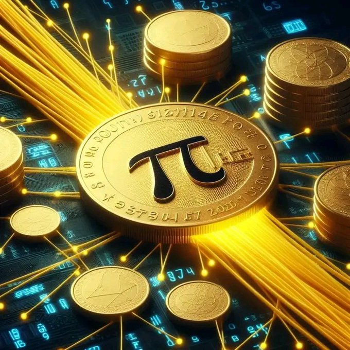 The image features a golden coin with the symbol "π" on it, surrounded by numerous gold coins of various sizes. The coins are arranged in a circular pattern around the central coin, creating an eye-catching display. The background consists of blue lines and numbers, which further emphasize the golden coins as the main focus of the image.

The caption above the image reads: "When ordinary people believe in an extraordinary vision, the world changes. True pioneers don' t panic in silence. They build, hold, and grow together. Every click today could be tomorrow'". This message is related to the golden coins as it suggests that these coins represent a new era of digital currency or blockchain technology, where ordinary people can participate in shaping the future by investing in this innovative concept.
