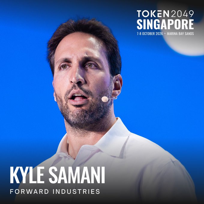 Promotional image for TOKEN2049 Singapore (7-8 October 2026 at Marina Bay Sands), featuring Kyle Samani of Forward Industries speaking into a headset microphone against a blue background, highlighting his return appearance at the crypto conference following Forward Industries' $1.65 billion PIPE deal co-sponsored by Jump and Galaxy.