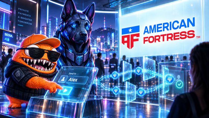 A vibrant digital illustration shows an orange mascot in sunglasses and a robotic dog at a futuristic American Fortress booth, with a touchscreen displaying 'Send to Alex' against a neon city skyline.