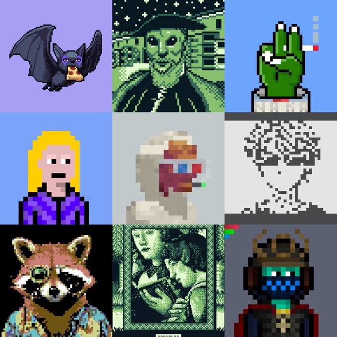 A collage of nine pixel art and retro-style images featuring various characters including a bat, a green figure in a hat, a zombie hand holding a cigarette, a blonde character in purple, a robed figure, a dithered portrait, a raccoon, a Madonna-and-child style image, and a green-faced character in a brown hat.