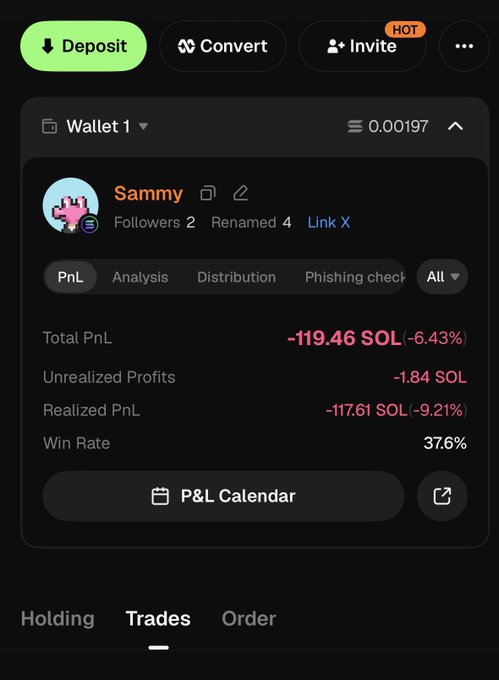 The main focus of the image appears to be a mobile app screen showing details about trading transactions, with the name Samuel appearing at the top left corner along with other information such as "i'm down 120 sol" displayed near it. The rest of the background is black and white, but there are other details visible that could be related to the post.