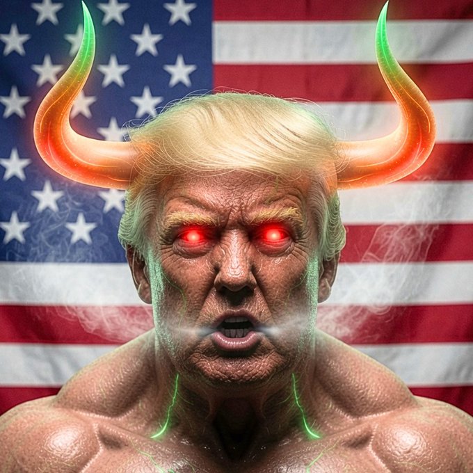 This image shows Donald Trump with a horned head, red glowing eyes, and smoke coming from his mouth and nostrils. This image relates to the American Bull cryptocurrency which is being advertised by this digital artwork.
