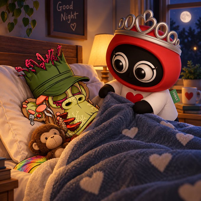An illustration of a red-hooded character wearing a 'COOBOO' crown tending to a green, crowned character in bed under a heart-patterned blanket.