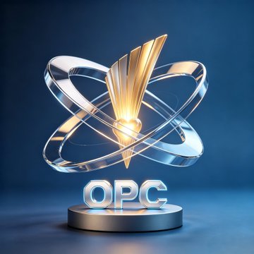A 3D-rendered glowing trophy or award featuring translucent glass-like rings and a golden central element, displayed above a pedestal labeled 'OPC' against a dark blue background.