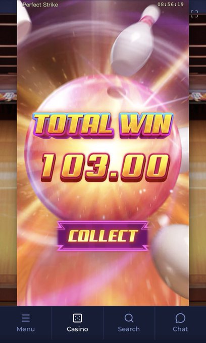 Mobile casino game screenshot showing a 'TOTAL WIN 103.00' result with a 'COLLECT' button, featuring a bowling ball striking a pin at the top labeled 'Perfect Strike'.
