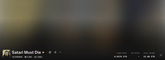 A blurred broadcast thumbnail titled "Satari Must Die" displays an Ethereum collection with a floor price of 0.0376 ETH and total volume of 22.80 ETH, corresponding to the post announcing a coin's price increase from 0.024 ETH to 0.0376 ETH.