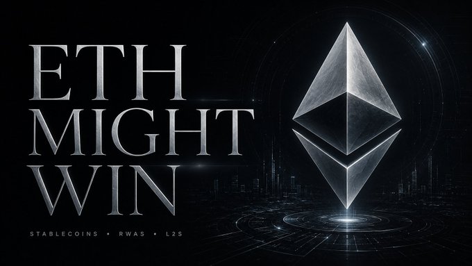 The image features a poster with an illustration of a cryptocurrency symbol, which appears to be a triangle or pyramid shape. The text "ETH might win" is written below this illustration. The background of the poster is black, making the white symbols stand out prominently. The poster also includes information about stablecoins and their relation to Ethereum, suggesting that the image may be promoting a new cryptocurrency or blockchain project.