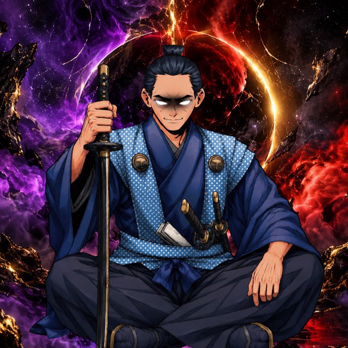 A digital illustration of an anime-style samurai warrior with glowing white eyes, wearing a blue kimono and holding a katana, seated cross-legged in front of a dramatic cosmic background featuring a fiery solar eclipse.