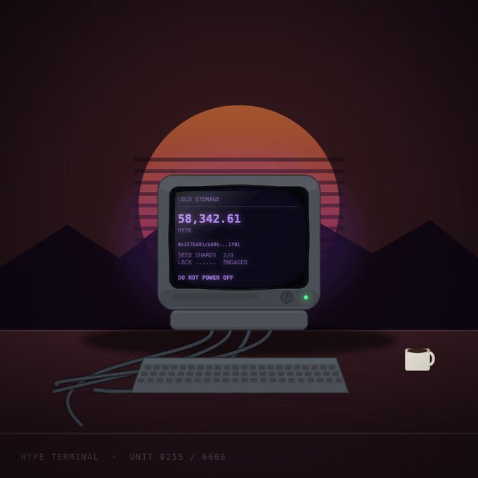 A retro-styled digital illustration of an old computer monitor displaying 'COLD STORAGE 58,342.61 HYPE' and 'DO NOT POWER OFF', with text at the bottom reading 'HYPE TERMINAL - UNIT 0255 / 6666'.