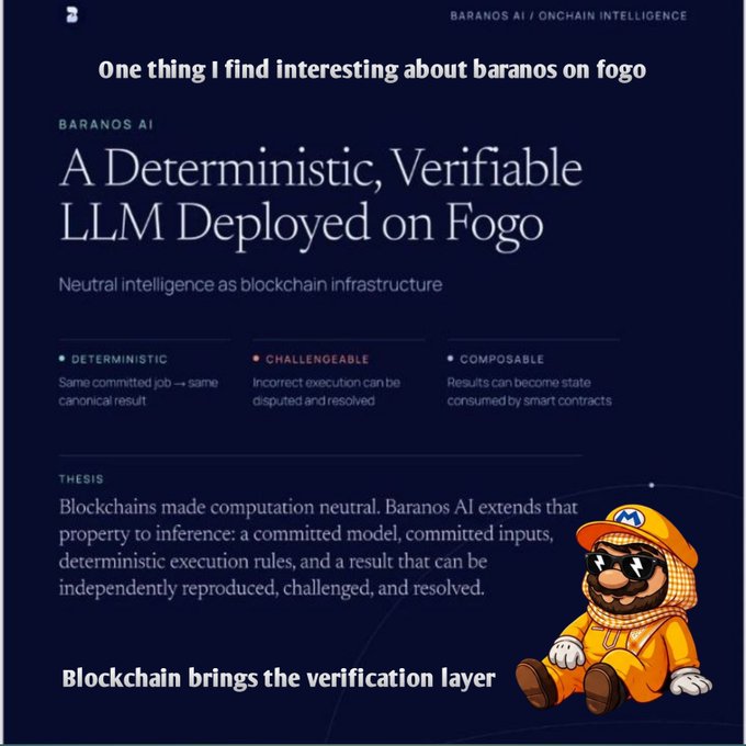 Graphic about Baranos AI on Fogo blockchain, titled 'A Deterministic, Verifiable LLM Deployed on Fogo,' featuring a Mario-like character and text 'Blockchain brings the verification layer'.