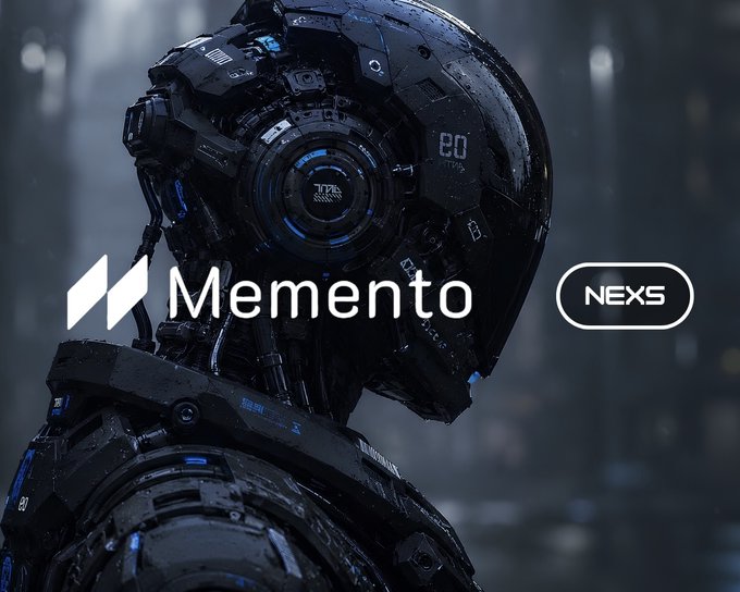 A futuristic robotic figure with 'Memento' logo and 'NEXS' branding overlaid on a dark sci-fi background.