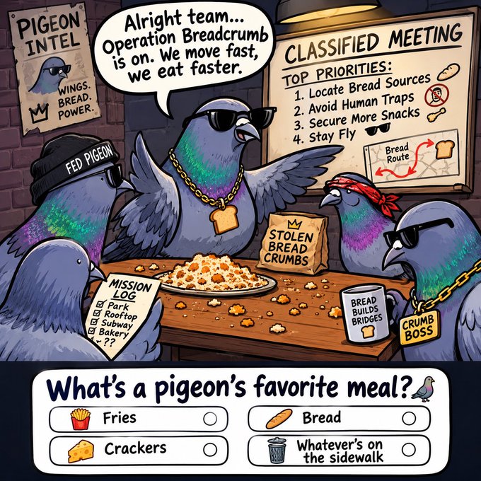 A cartoon illustration shows pigeons in sunglasses planning 'Operation Breadcrumb' at a classified meeting, with a poll below asking 'What's a pigeon's favorite meal?'