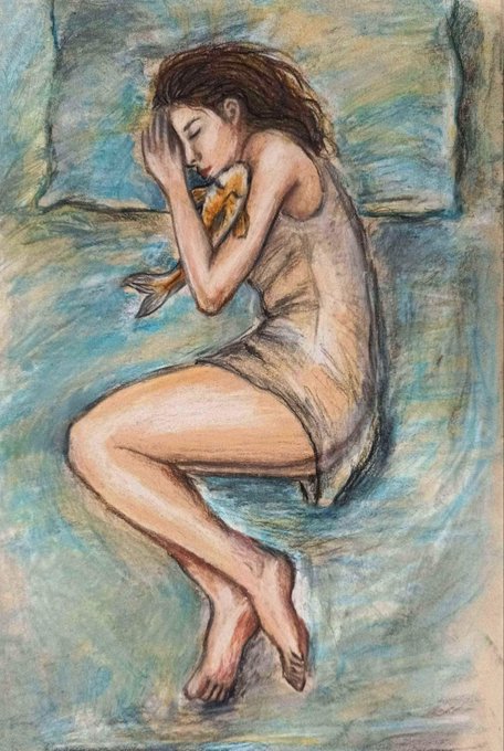 An artistic pastel or colored pencil drawing of a seated nude woman with long brown hair holding a goldfish close to her face, rendered in soft blue and beige tones.