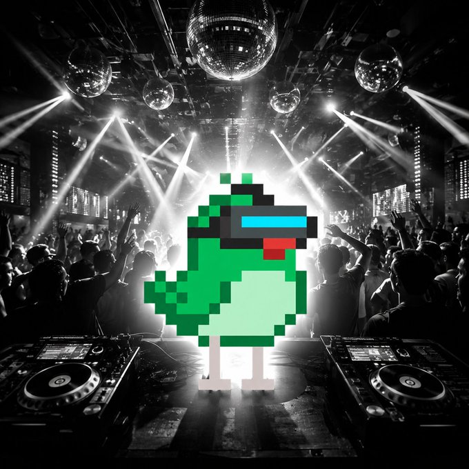 A pixel art green dinosaur wearing blue VR goggles stands at a DJ booth with a black and white nightclub scene featuring disco balls and a crowd behind it.