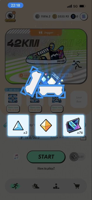 A mobile game screenshot showing a '42KM' running tracker interface with gacha pulls at the bottom, in-game currency at the top, and a START button.