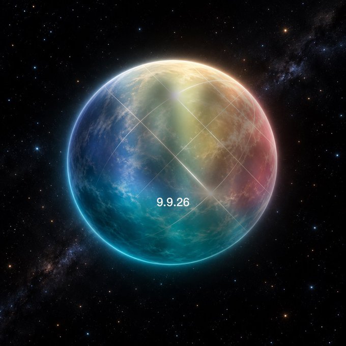 A colorful, glowing planet against a starry cosmic background with the text '9.9.26' displayed across its center.