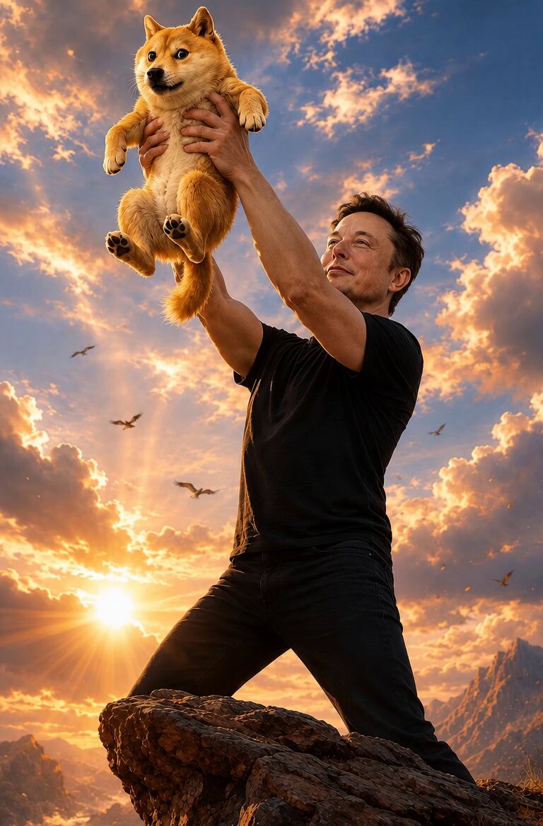The image features a man holding up a small dog, with the sun setting behind them. The caption of the image reads "no highs no lows only doge", which could be interpreted as a reference to the popular phrase "dogger" that means "dog lover". This phrase is often used in internet culture and has become synonymous with the character Dobby from the TV show "Dogbert". In this context, it seems like someone is using the image of the man holding up the dog to create a humorous or playful connection to the character Dobby.