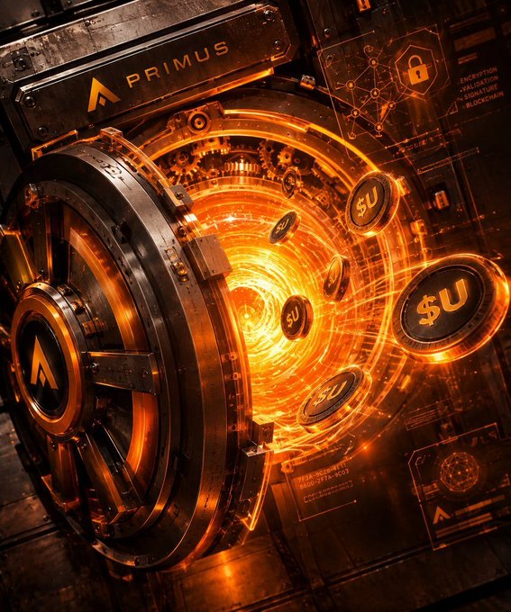 A digital artwork featuring a futuristic mechanical vault labeled "PRIMUS" with glowing orange energy and floating coins marked with "$U".