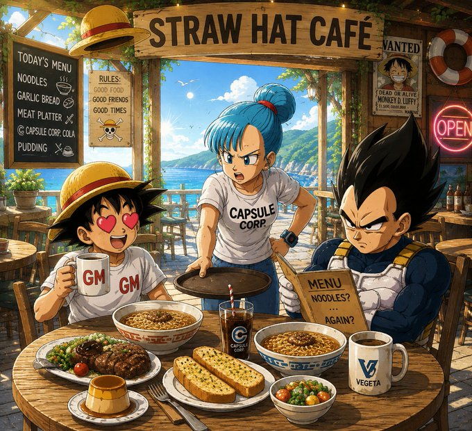 A vibrant digital illustration depicting a 'STRAW HAT CAFÉ' where Dragon Ball characters Bulma, Luffy, and Vegeta are gathered around a table filled with noodles, garlic bread, and coffee.