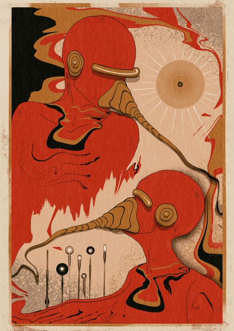 An abstract, textured artwork depicts two red figures with spiral features and a sun motif against a beige background.